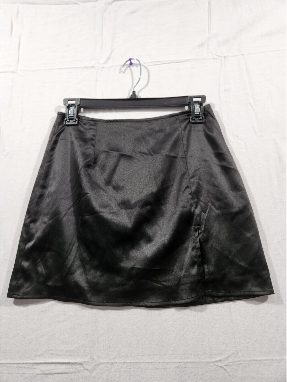 Amable Black Satin Mini Skirt with Front Slit